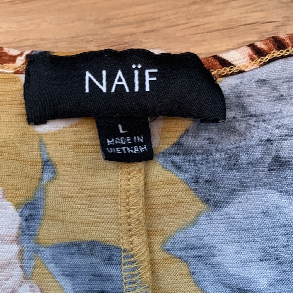 NAÏF Floral Bell Sleeve Boho Knee Length Flowy Dress Mustard & Blue Women’s L - Picture 2 of 12